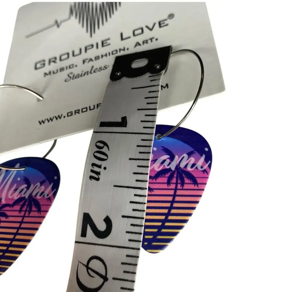 NWT Miami Striped Palm Tree Single Guitar Pick 25mm Hoop Festival Earrings
